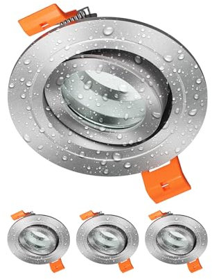 ledscom.de 4 Stück Bad-Deckeneinbaurahmen ERID, Feuchtraum, Badezimmer, IP44, rund, schwenkbar, aluminium matt
