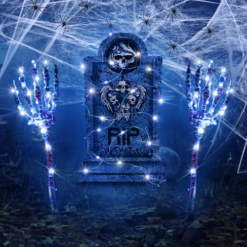 Halloween Deko, Halloween Glühendes Draußen Deko, Gruselig Garten Deko, Grabstein Schilder Schädel Hände Spinnen Spinnennetz Blaue Lichterkette für Halloween Haunted Party Gruselige Friedhofs Deko