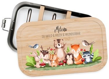 Bärenfreunde® - Personalisierte Brotdose für Kinder mit Spezial-Druck - Robuste Edelstahl Brotdose - Personalisierte Geschenke für Kinder & Erwachsene (Tierfamilie winkt,klein Weißblech)