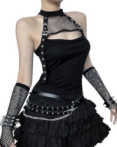 YINGWIN Damer crop top fisknät nät genombrutet nackhållare topp damer gotiska kläder damer
