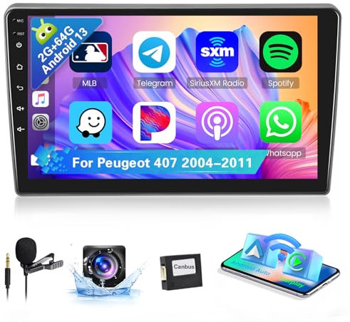 [8Core 2G+64G] Hikity Autoradio Android 15 pour Peugeot 407 2004-2011, Carplay sans Fil Android Auto 9'' Poste Radio avec GPS WiFi Bluetooth RDS FM DSP SWC+MIC+Caméra de Recul