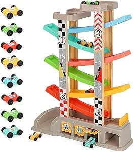kramow Rampa Racer de juguete con 8 mini autos y 3 cocheras, rampa de pista de carreras incluye estacionamiento superior, juguete educativo para niños a partir de 3 años