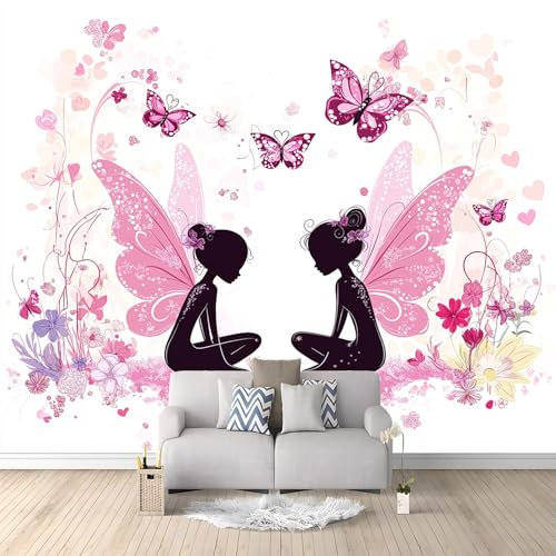 Papier Peint intissé Fille Papillon Rose Dessin Animé 350x256 cm Papier Peint Photo Panoramique, Poster Geant Mural Personnalisé 3D, pour Salon Cuisines Chambre Adulte Enfant Décor Murale