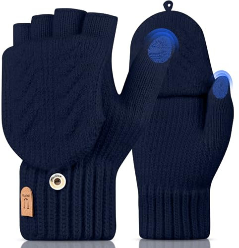UKNOWISA Fingerlose Handschuhe Thermo Winterhandschuhe Handschuh-Klappe Touchscreen Laufen Radfahren Fahren für Herren und Damen (NAVYBLAU)