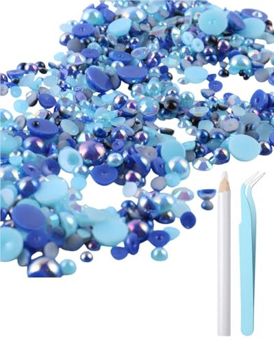 KGDUYC Série Bleue Mélange de demi-perles de strass à dos plat pour travaux manuels Taille mixte 3mm-10mm, Perles à dos plat pour gobelets de bricolage Tasses Nail Art Chaussures Vêtements (40g)