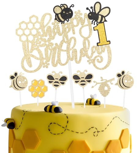 Honeybee 1st Birthday Party Decorations - Glitter Happy Cake Topper with Yellow Bee Cupcake Decor for Girls Boys Honey Themed Party Supplies