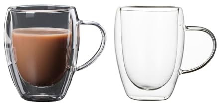 LoveFirst 2x350ml Tazze da Caffè in Vetro Borosilicato Trasparente Isolate a Doppia Parete con Manico,Effetto Galleggiante,per Caffè Espresso,Latte,Cappuccino,Bevande Calde, Tè,Succo di Frutta