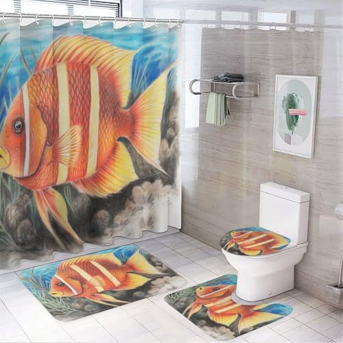 Ensemble de Rideau de Douche de Salle de Bain Rouge Poisson avec Tapis, Rideau de Douche Imperméable, Tapis Antidérapant, Housse de Siège de Toilette Plantes Aquatiques Pierres 4 pièces avec Tapis