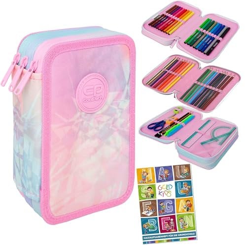Goldkids - Federmäppchen 3 Fächer - Mäppchen für Mädchen - Federmappe 3-Fach Federtasche Gefüllte Schüleretui Schulmäppchen und Hausaufgabenheft - Rosa Hellblau
