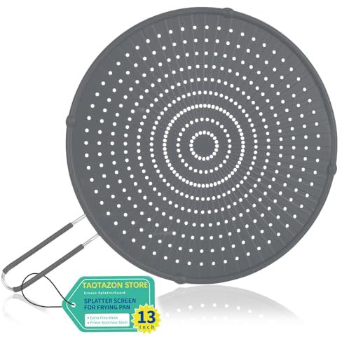 TaoTazon Silicone Splatter Screen for Frying Pan, 13 Inch Universal Frying Pan Splatter Guard - Prevents Mess and Oil Splashes, Multi-Use Heat Resistant Frying Pan Cover for Cooking & Frying (Grey)