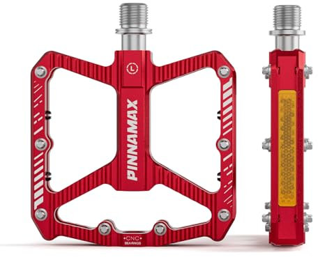 PINNAMAX Fahrradpedale, CNC-Aluminium, 9/16 Zoll, rutschfeste Plattform, 3 Lager, Fahhrad Pedale für Rennrad, MTB, E-Bike (Rot)