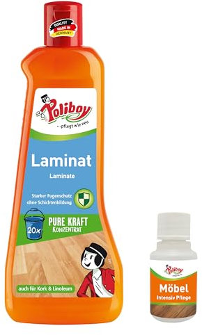 POLIBOY Laminat Reiniger - Bodenreiniger für Laminat, Linoleum und Kork - ergiebiges Reinigungskonzentrat mit Orangenduft - 1x 500 ml - inkl. Produktprobe - Made in Germany