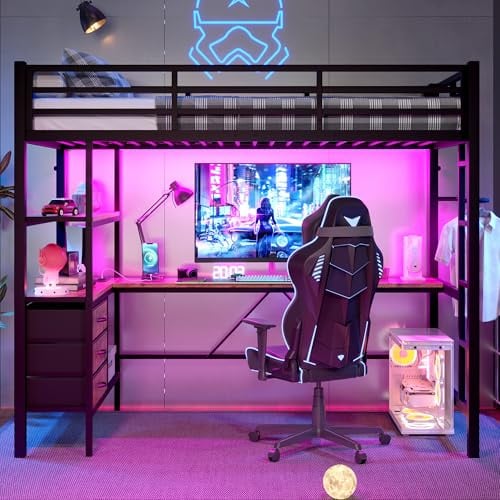 Kebnor Cama alta con luces LED, escritorio, enchufe + USB, 3 cajones, estantes, barandillas, escaleras, sin colchón, 90 x 200 cm (negro)