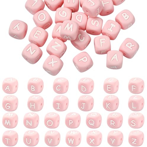 LEGENTLISUR Silicone Letter Beads 12mm Square Dice Alphabet, 26Pcs | Pink Loose Beads, for Friendship Bracelets Words Keychains Jewelry Crafting DIY Projects