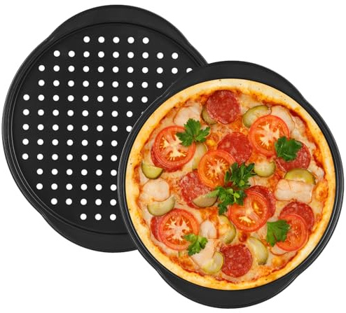 YOFAPA 2 Pcs 14 inch Pizza Trays for Oven, Non Stick Pizza Pan with Holes, Carbon Steel, Thickened Double Handle Tray for Oven, Crispy Crust (Inside Diameter 30cm)