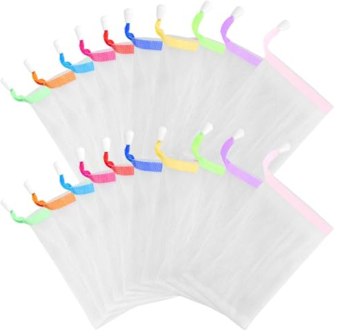 20 Pcs Soap Bag Colorful Exfoliating Soap Bag with Drawstring Thickened Ribbon Foaming Net Bags Body Cleansing Soaps Bags Suitable for Face Washing and Shower