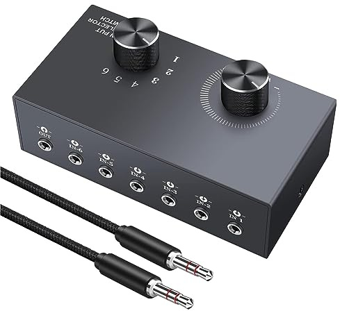 Spourita Sichuny 6 Ports 3,5-Mm-Audioschalter, Bidirektionaler 3,5-Mm-Audio-Umschalter Aus Grauem ABS, Unterstützt 1 in 6 Out oder 6 in 1 Out für PC-Telefon-Kopfhörer