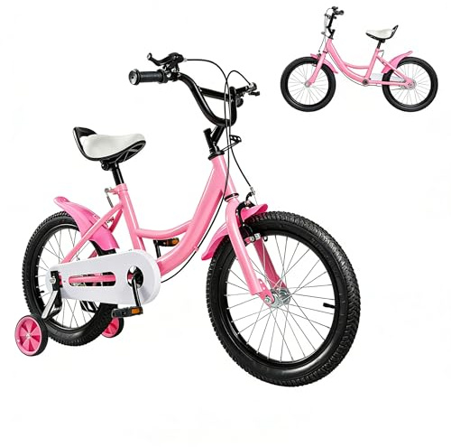 awolsrgiop Kinderfahrrad 16 Zoll, Kinder Fahrrad für ab 4-8 Jahre, mit Abnehmbare Stützrädern, Höhenverstellbarer Sitz & Lenker, Schutzbleche, Klingel, für Jungen & Mädchen, Rosa