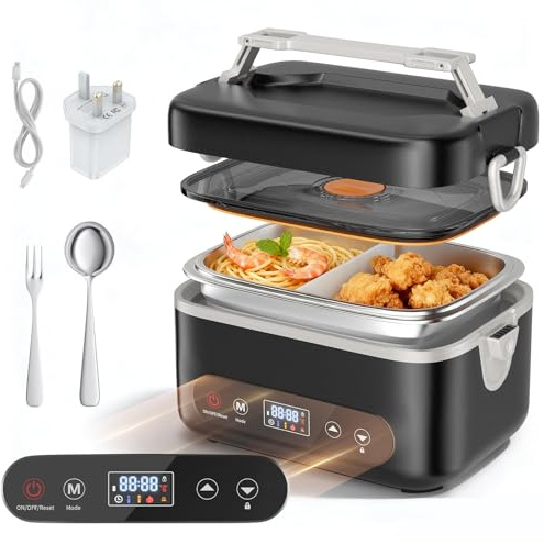 Ovshnrr Electric Lunch Box, 1.2L Intelligent Heated Lunch Box for Adults with Touch Screen, Fast Heating Portable Food Warmer with Stainless Steel Tableware and Insulated Bag for Car, Office, Picnic