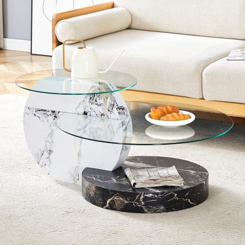 PUGSDRLY Table Basse Ronde 2 Plateaux en Verre trempé, Table Basse Moderne avec Aspect marbre, Structure en MDF, Coffee Table pour Salon et Appartement (White+Black)