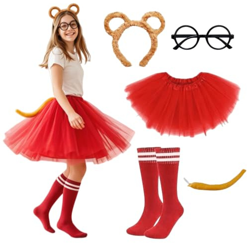Arglfty 5 Pcs Chipmunks Costumes Set, Cute Cosplay Outfit With Chipmunk Ears Headband, Round Glasses, Tutu Skirt, Striped Knee Socks & Plush Tail For Halloween, Carnival, World Book Day