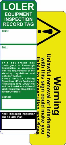 LOLER Equipment Inspection Tag Pack of 10 Polypropylene W50mm x H181mm