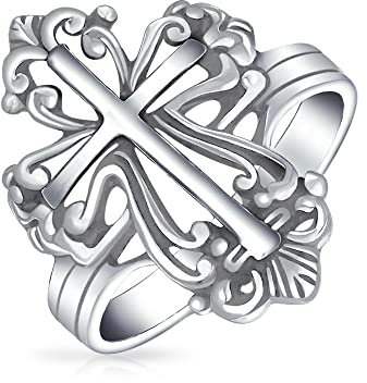Bague Croix Fleur De Lis Religieuse Chrétienne Style Vintage Pour Femmes Pour Hommes Argent Sterling Oxydé .925