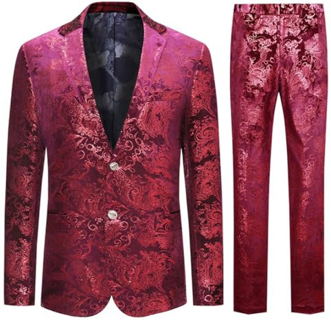 Allthemen Abito da Uomo in 2 Pezzi Slim Fit Casual Wedding Business Cena Jacquard Vestito Completo Giacche Blazer Pantaloni Rosso L