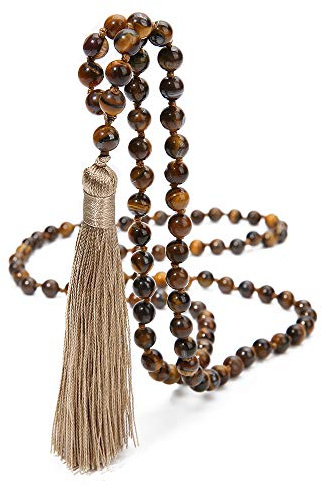 BALIBALI 8MM Beads Chakra Long Mala Necklace Natural Stone Meditation Statement Necklace Japa Yoga Buddhist Rosary Prayer Charm Beaded Tassel Necklace Brown
