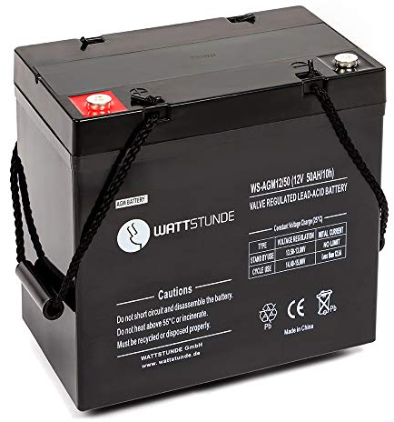 WATTSTUNDE 12V VRLA AGM Batterie - Zyklenfester und wartungsfreier 50 Ah C20 Solar Akku perfekt für autarke Anlagen mit M6 Anschluss (50Ah)