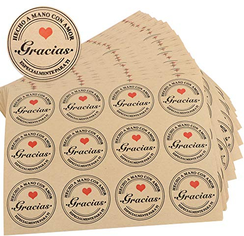 FLOFIA 300pcs (Diá. 4cm) Pegatinas Etiquetas Adhesivas Gracias Hecho a Mano con Amor, Etiquetas Gracias de Papel Kraft Marrones para Galletas Mermeladas Jabón Regalo Recuerdo Boda Cumpleaños