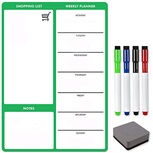TMS A4 Magnetic Weekly Planner for Fridge, Memo Board, Whiteboard | Dry Wipe Meal Planner, Calendar and Shopping List for Kitchen or Office | Dry Erase Board for Notes and Daily Reminders (Green, A4)