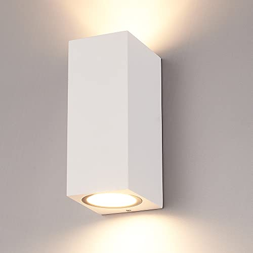 HOFTRONIC Selma - Außenwandleuchte Weiß| Up and Downlight | 2x GU10 Fassung Dimmbar | Eckig Aluminium | IP65 wasserdicht | Außenlampe Wand für Garten, Flur, Badezimmer und Wohnzimmer