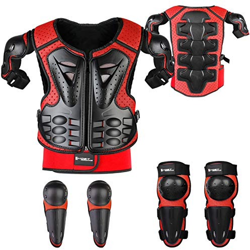 Fansport 5 Piezas Motos Ropa Protectora Niños,Rodillera Transpirable Protector de Pecho Equipo de protección para Motocross,Ciclismo,Esquí,Patinaje (Rojo)