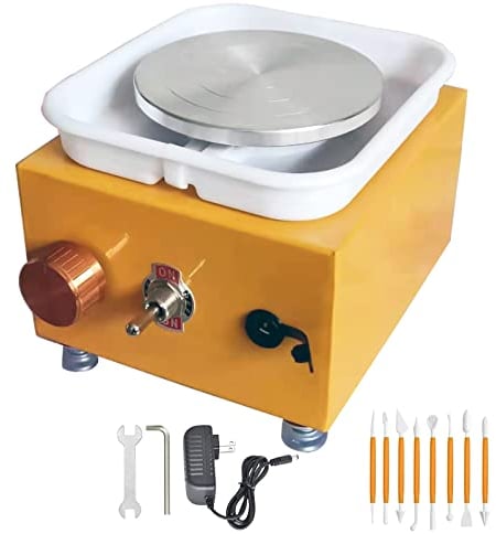 DYOUen Elektrische Töpferscheibe -Tonmaschine Mit 10 cm Drehteller und Abnehmbarem ABS Schallwand Pottery Wheel Drehteller Elektrisch Minitopf Töpferset für Anfänger (Gelb)