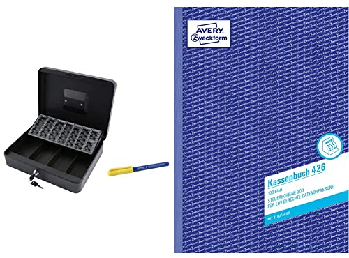 Olympia 6031 CB 770 Plus Geldkassette inklusive GENIE Falschgeldprüfer, schwarz & AVERY Zweckform 426 Kassenbuch (A4, nach Steuerschiene 300, von Rechtsexperten geprüft, 100 Blatt) weiß