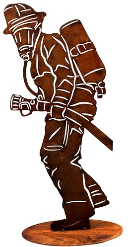 Rostikal Feuerwehrmann Figur 20 cm – Edelrost Gartendeko aus Metall - Handmade Feuerwehr Deko für Garten und Wohnzimmer Feuerwehr-Fans