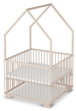 Sämann Laufgitter EXCLUSIVE 100x100 cm mit Matratze - Hausbett & Babybett - stufenlos höhenverstellbar Laufstall Baby Buche natur