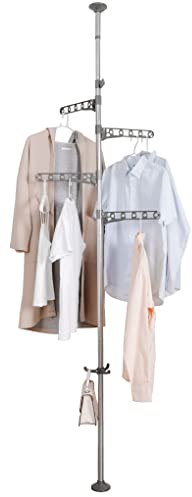 ARIIKON Kleiderständer Teleskop Kleiderstange Ohne Bohren Höhenverstellbar Teleskopstange Wäscheständer Kleiderbügel in Metall mit 2 Armen und Haken für Flur Schlafzimmer Büro Balkon Ecke, Grau