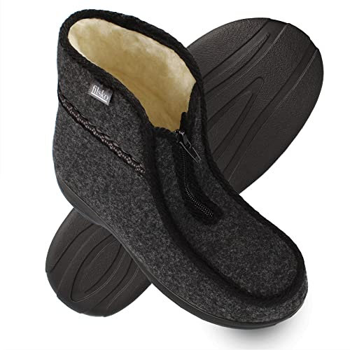 filsko® Norrland - Winter Hausschuhe Herren - weiche Fütterung aus Schafwolle - rutschfeste Sohle - mit Reißverschluss - nie wieder kalte Füße - biegsame Schuhvorderkappe - grau - 44 EU