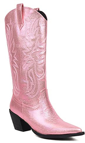 CRETUAO Women's Retro Embroidered Boots Pointed Toe Middle Barrel Pull On Thick Heel Ladies Boots Knight Boots Leather Western Boots,Pink,6 UK