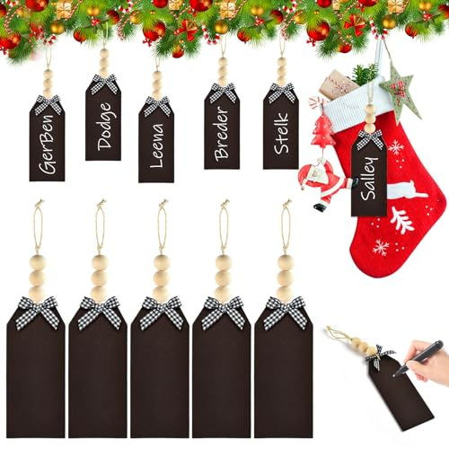 DHRUTI 6 Stück Weihnachtsstrümpfe Holz Namensschild mit Karierten Schleifen und Perlen,DIY Weihnachtssocken deko Hängende Ornament für Weihnachten Bauernhof Weihnachtsbaum Dekorationen (Braun)