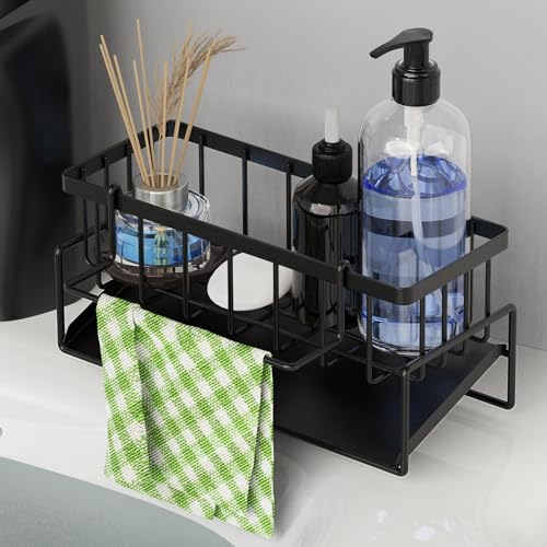 Anhow Organizador Fregadero, Soporte Estropajo Fregadero, Soporte para Estropajos de Acero Inoxidable con Toallero Extraíble y Bandeja, sin Instalación para Cocinas y Baños - Negro