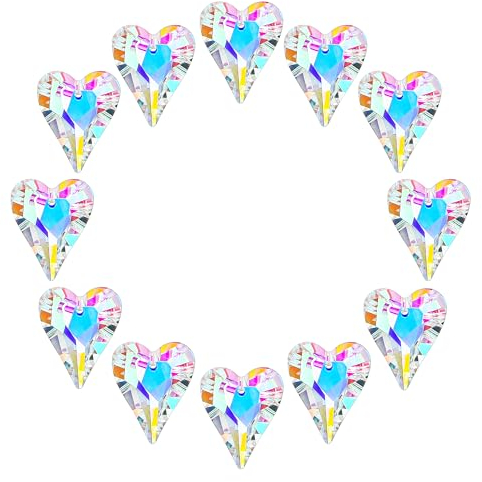 12 Stück AB beschichteten Kristall Herzprisma Anhängern, Regenbogenmacher für Garten, Zuhause, Hochzeit, Weihnachtsdekoration (27 mm)