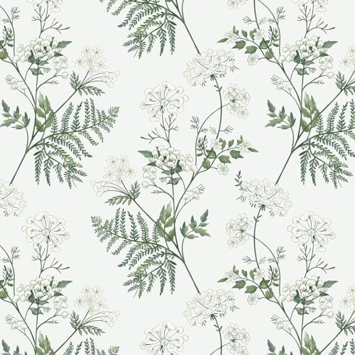 Reqfen 41CM*3M Green Leaf Self Adhesive Wallpaper White Flowers Peel and Stick Wallpaper Removable Vinyl Film Contact Paper for Bedroom Bathroom Living Room Wall Furniture Cabinets Decoration