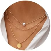 FUNEIA Kette Gold Damen Layered Halskette 14k Vergoldet Kette mit Anhänger Rundem Plättchen Choker Doppelkette Multilayer Zarte Wasserfester Hypoallergene Goldene Ketten Modeschmuck Für Frauen Mädchen