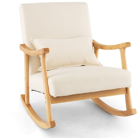 COSTWAY Relax Rocking Chair, Linen Fabric Upholstered Rocker Accent Chair with Lumbar Pillow, Solid Wood Modern Leisure Lounge Armchair for Living Room Bedroom Nursery (Beige+Natural, 78 x 66 x 83cm)