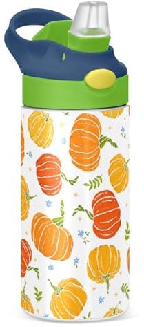 Mnsruu Cute Pumpkin Kids Water Bottle with Straw Insulated Stainless Steel Drink Bottle for Boys Girls School 350ml Leakproof Vacuum Hot Cold Water Flask
