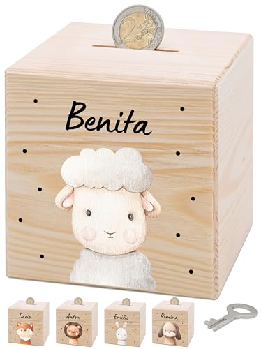 Bärenfreunde® - Personalisierte Spardose Kinder aus Holz mit Metallschloss - Spardose mit Namen mit kinderfreundlichem UV-Druck zum Sparen für Kinderträume (Schaf)