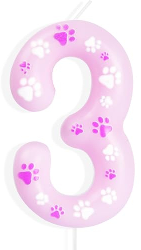 Geburtstagskerzen mit Hundepfotenabdruckmotiv, rosa 3rd Geburtstagskerzen, rosa Hundepfotenabdruck Zahl 3 Kerzen, Kuchenaufsatz für Jungen Mädchen,3rd Geburtstag Dekoration, Haustier-Partyzubehör